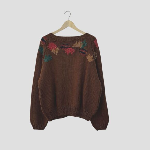 Vintage Handknit X-Large Sweater Cardigan Leaves Fall Dark Brown Womens READ - Picture 2 of 16
